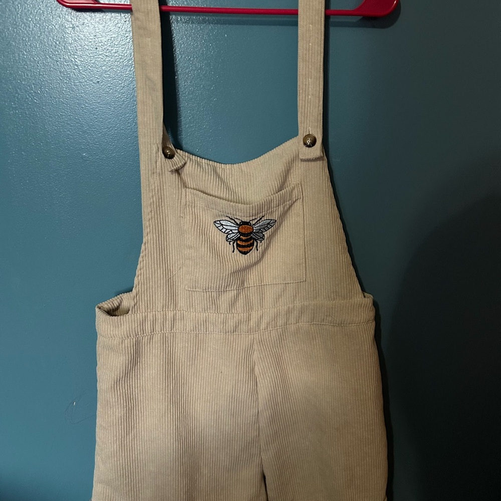 Beige Corduroy Overalls with Bee Embroidery